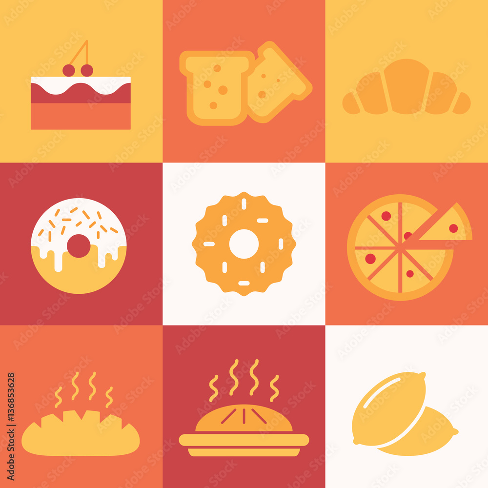 Set of colored icons with pastries.