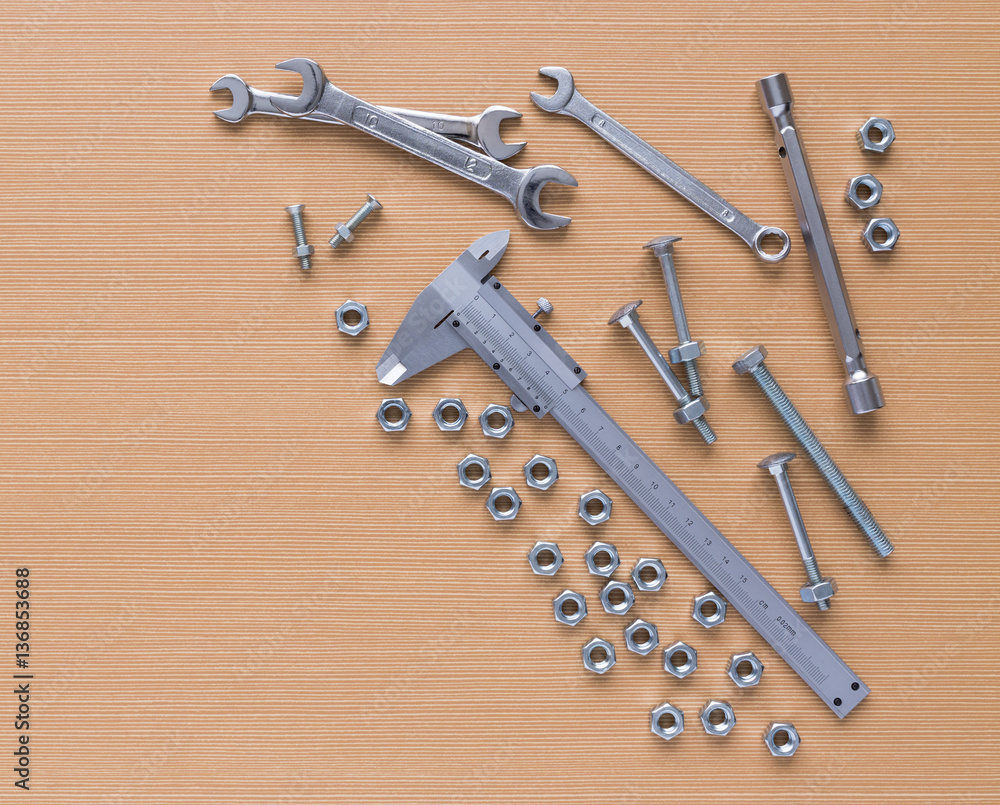 Set of tools on wooden background Set of tools on wooden background