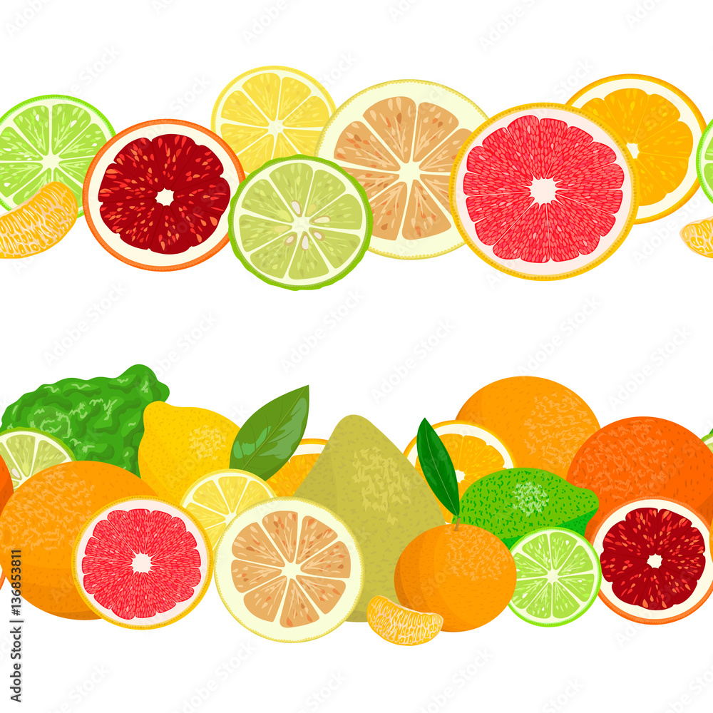 Summer postcard. Citrus fruits in garlands.