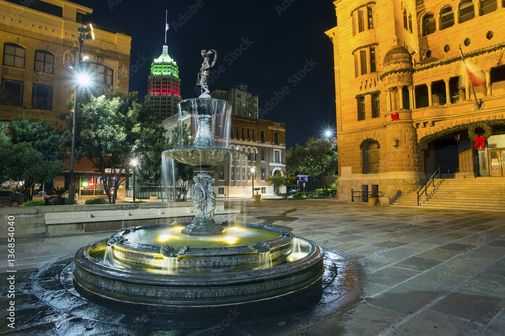 San Antonio courthouse fountain at night