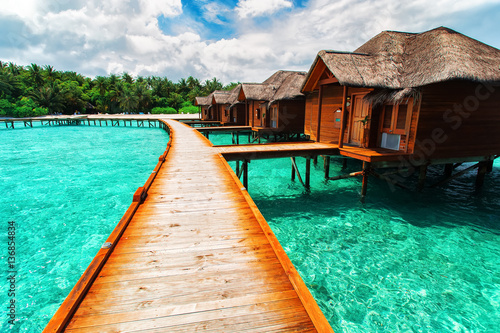 Water bungalows resort at islands. Indian Ocean, Maldives