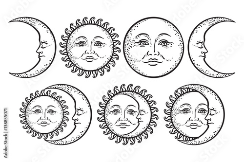 Boho chic flash tattoo design hand drawn art sun and crescent moon set. Antique style sticker design vector isolated on white background