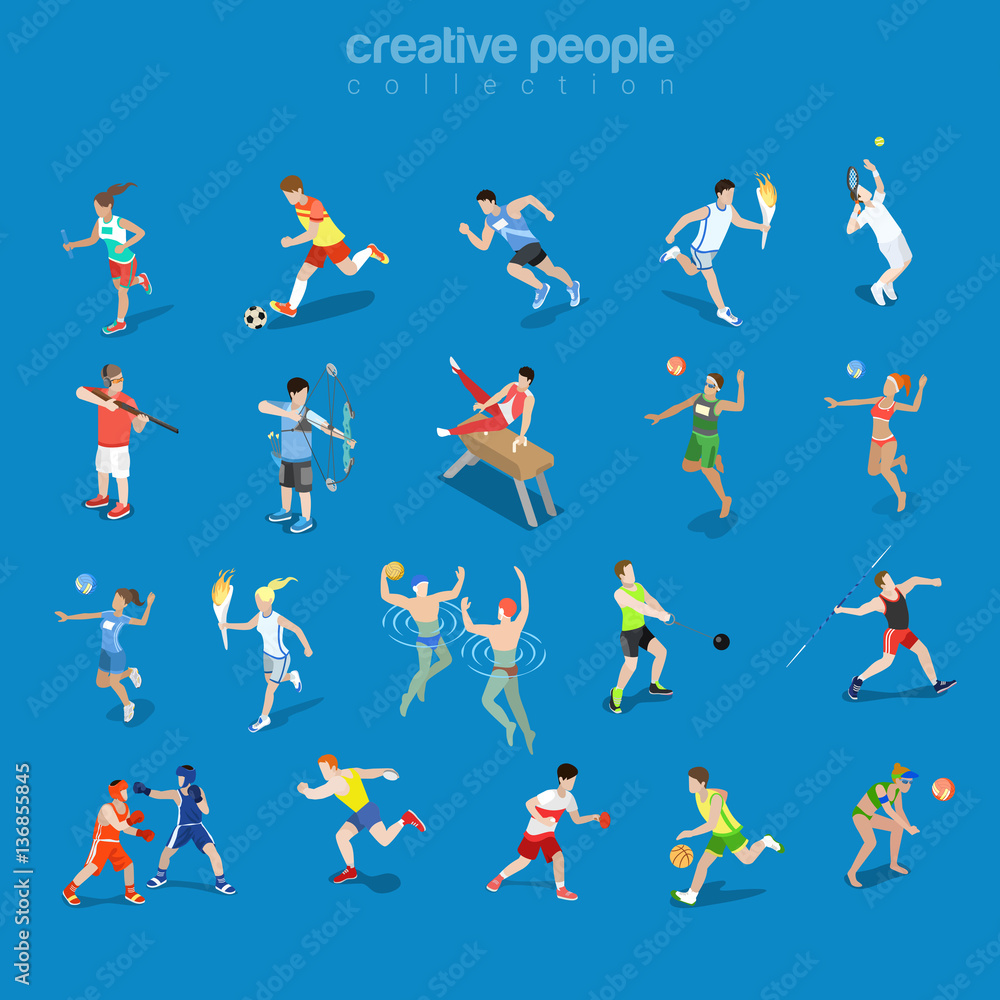 Flat isometric competitive scene vector Team individual sport 3d