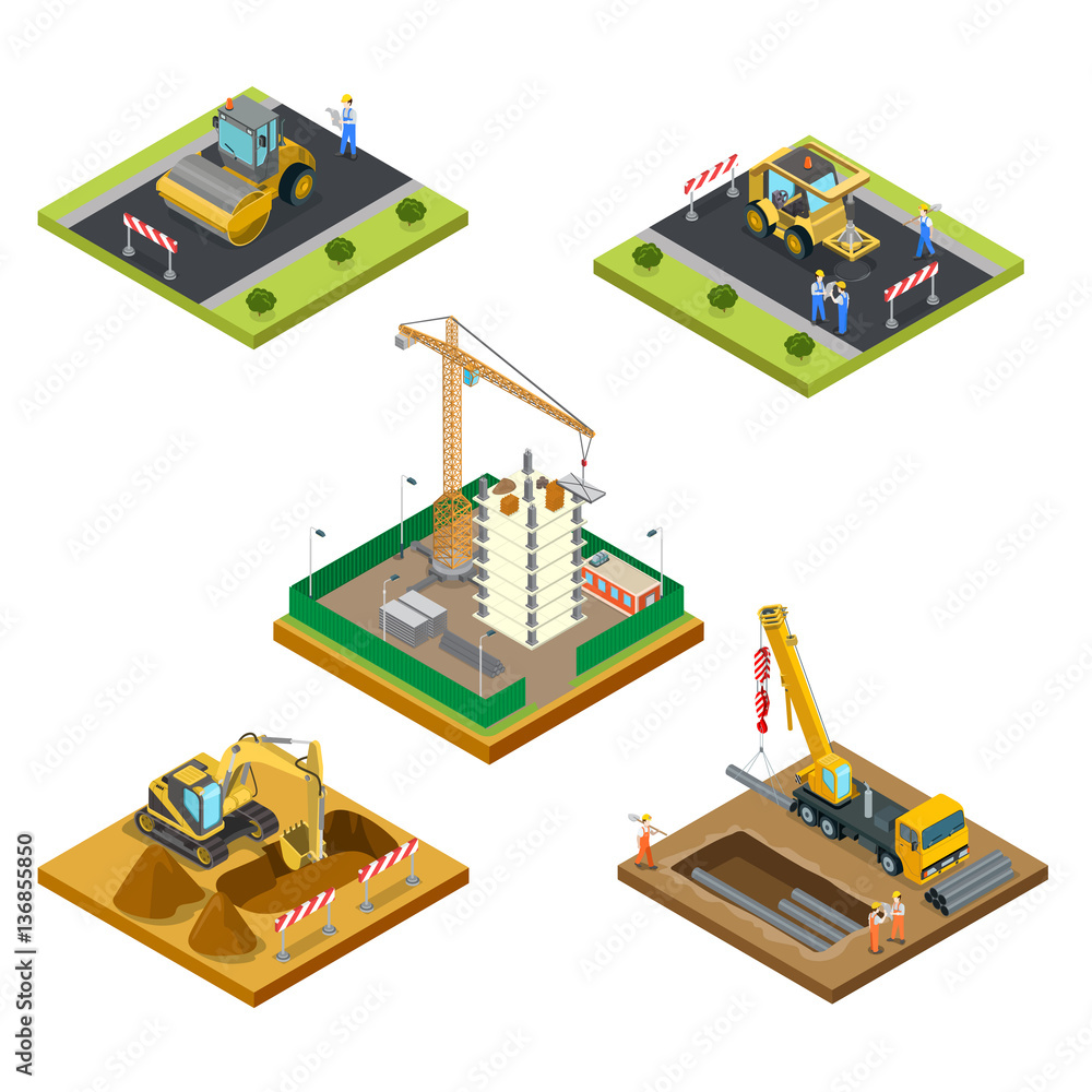 3d special machinery Flat isometric vector city construction
