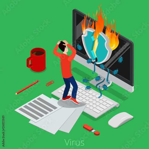 Flat isometric virus bug screen user malware software vector