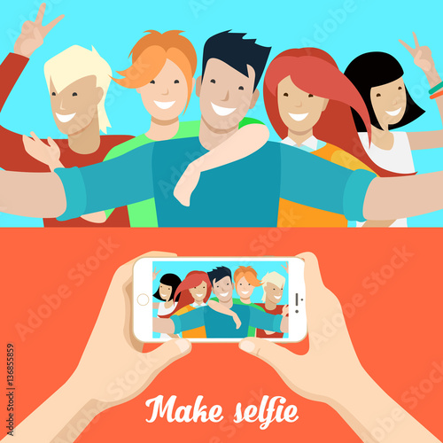 Flat people making selfie phone photo vector Social networks