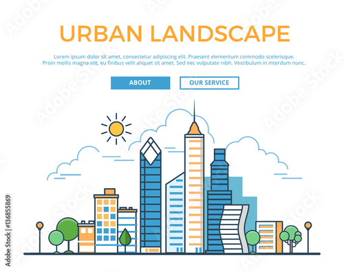 Linear Flat Urban landscape skyscrapers houses sky vector