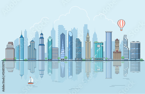 Linear Flat Urban city skyscrapers houses water sky vector