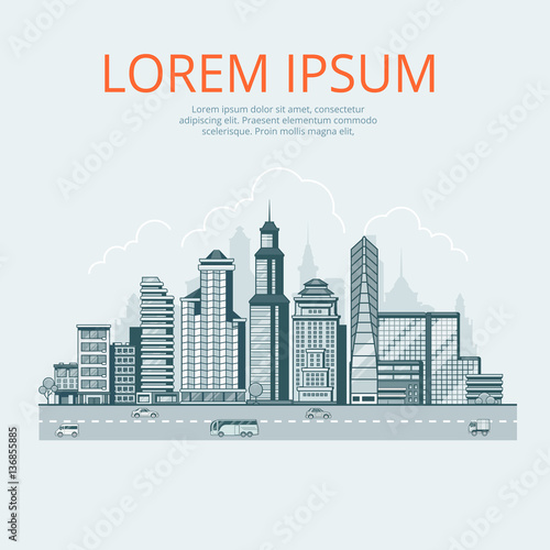 Linear Flat Urban city skyscrapers houses sky vector