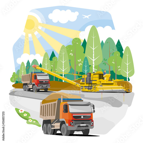 Drawing color dump trucks construction of the road, vector illus
