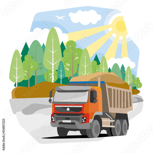 Drawing red dump truck sand, vector illustration