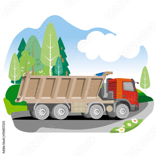Drawing red tipper dump truck in summer background