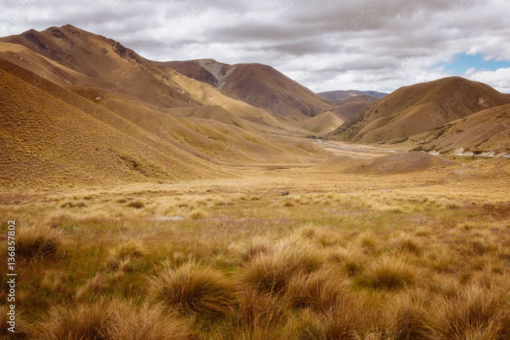 Landscape view of meadows and hills at Lindis Pass, NZ