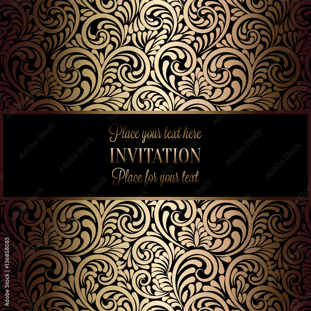 Abstract background with antique, luxury black and gold vintage frame, victorian banner, damask floral wallpaper ornaments, invitation card, baroque style booklet, fashion pattern, template for design