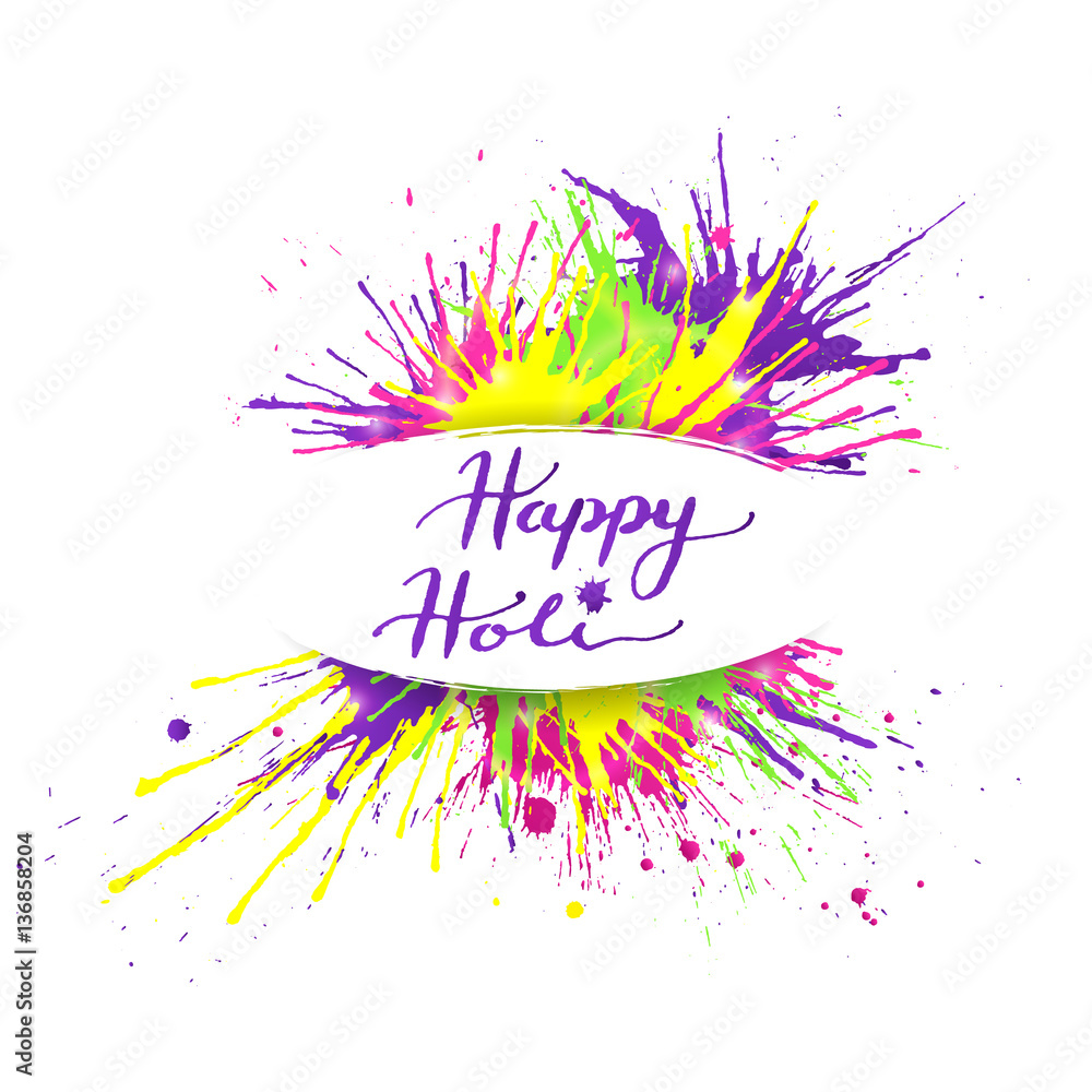 Happy Holi banner with bright and colorful paint splashes on white  background. Vector illustration. Stock Vector | Adobe Stock