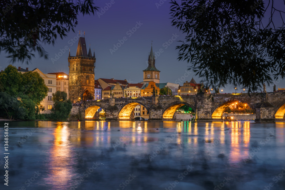 Night view on Charles bridge, Prague, Czech republic