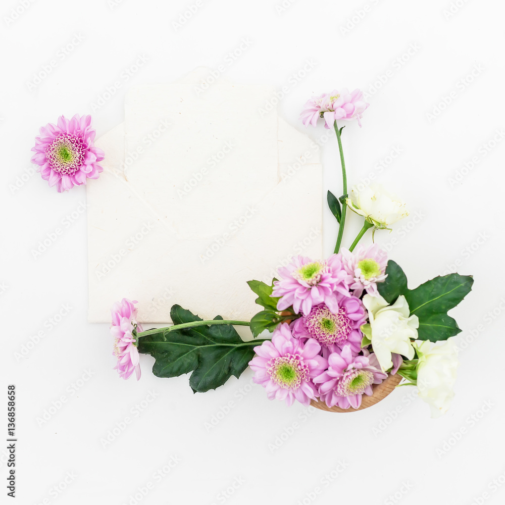 Floral pattern of pink flowers and roses, paper and card isolated on white background, Flat lay, Top view. Floral background. Floral pattern of pink flowers and roses, paper and card isolated on white background, Flat lay, Top view. Floral background.