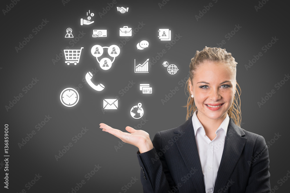 Success businesswoman drawing business icon and chart Success businesswoman drawing business icon and chart
