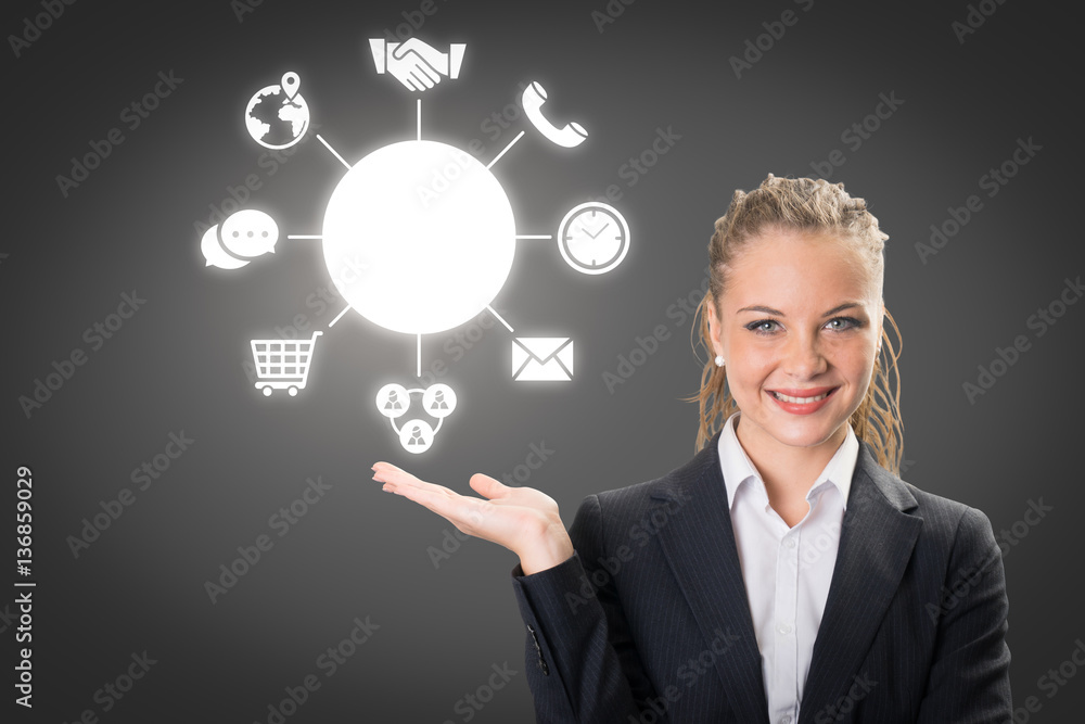 Success businesswoman drawing business icon and chart Success businesswoman drawing business icon and chart