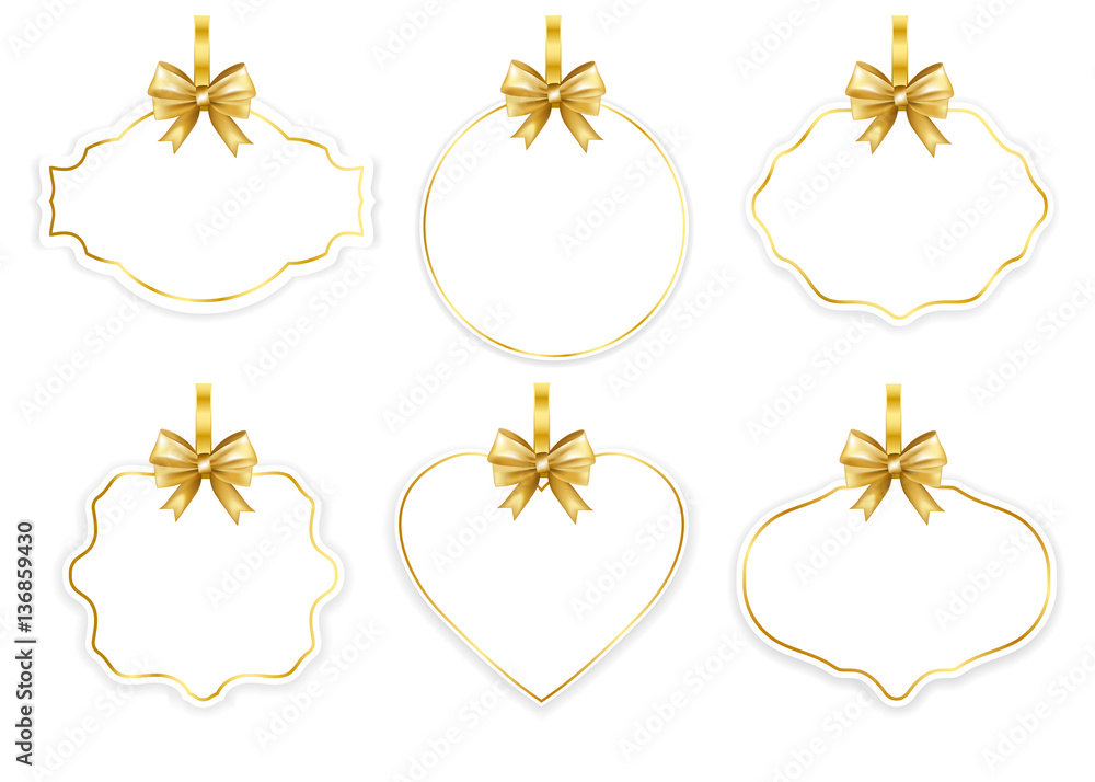 Obraz premium Paper white frame set with gold bow isolated on white background. Vector illustration.