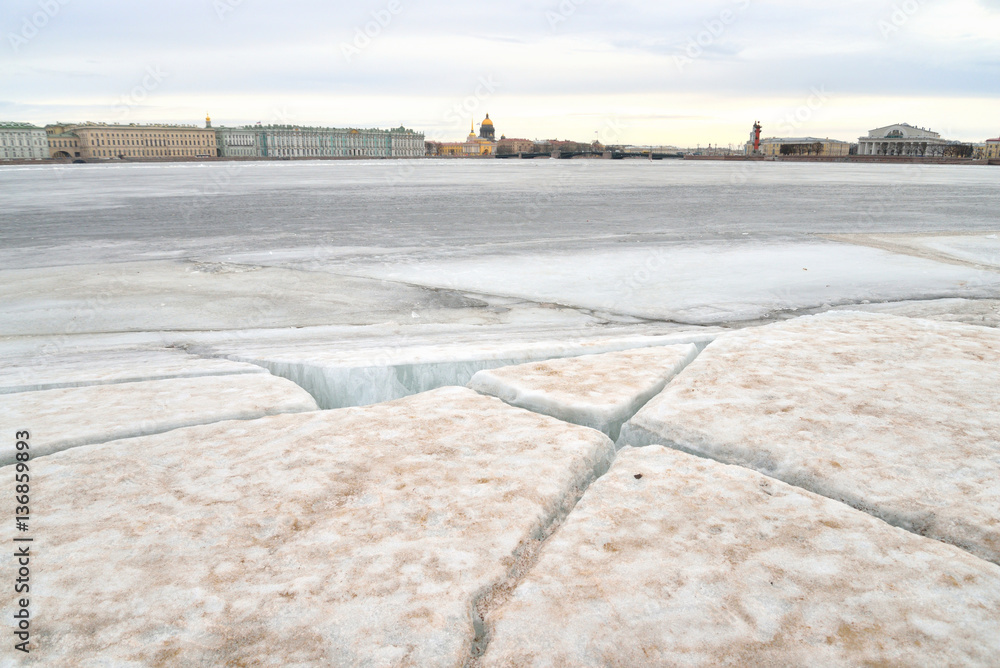 View of Frozen Neva River in St.Petersburg.