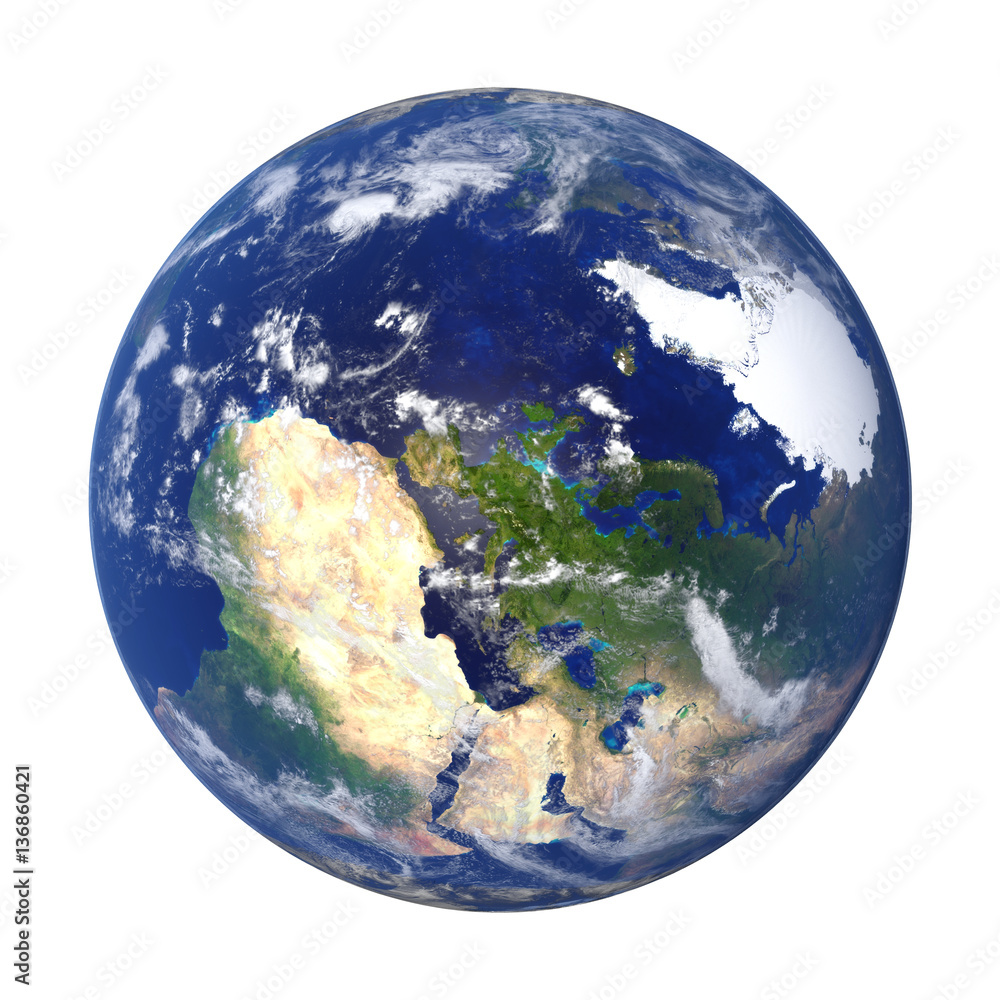 Fototapeta premium 3d render, Earth from space showing Africa, Europe, Asia and the North Pole (isolated on white background, elements of this image are furnished by NASA)
