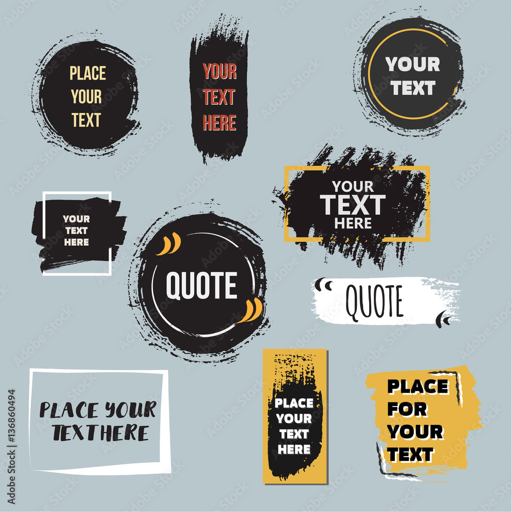 Vector quote boxes collection. Hand drawn frames, square, rectangle and round . Grunge brush strokes texture.