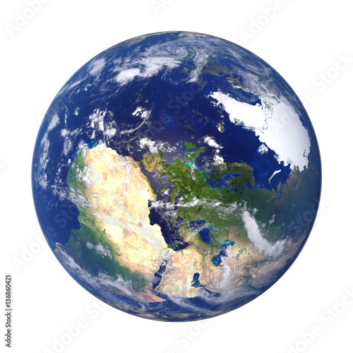 3d render, Earth from space showing Africa, Europe, Asia and the North Pole (isolated on white background, elements of this image are furnished by NASA)