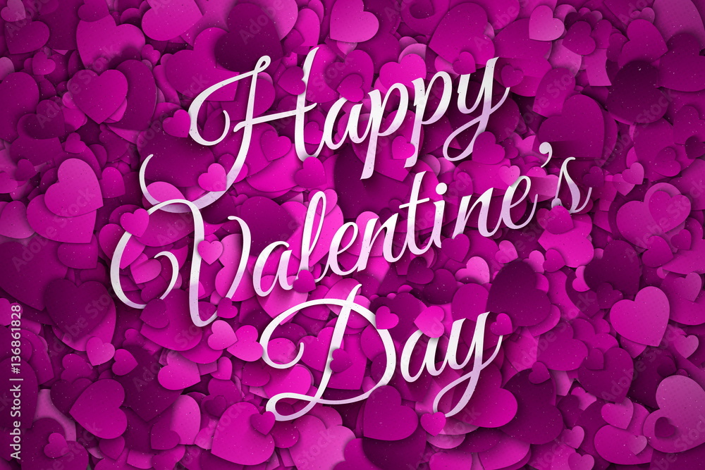 Happy Valentine's Day Vector illustration. Abstract Purple, Violet and Lilac Textured 3d Hearts and Text Background