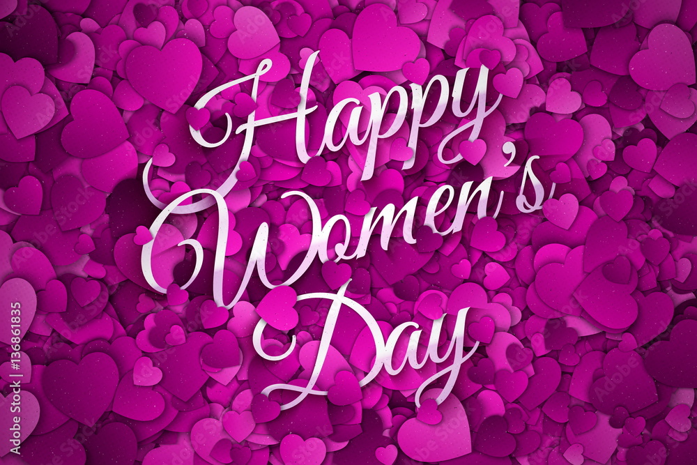 Happy Women's Day Vector illustration. Abstract Purple, Violet and Lilac Textured 3d Hearts and Text Background