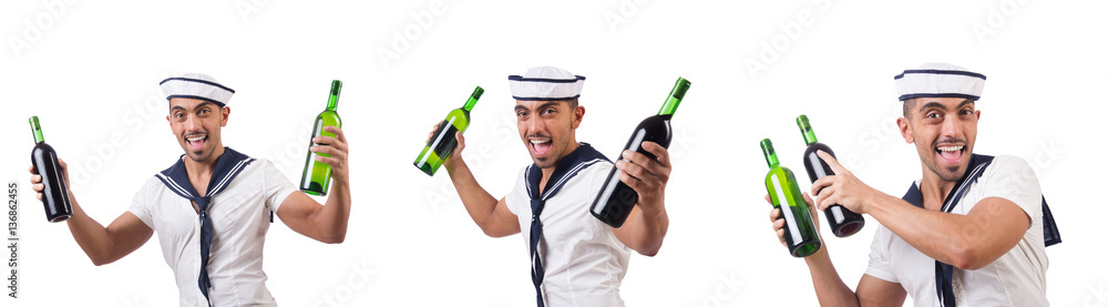 Sailor isolated with wine bottle Sailor isolated with wine bottle
