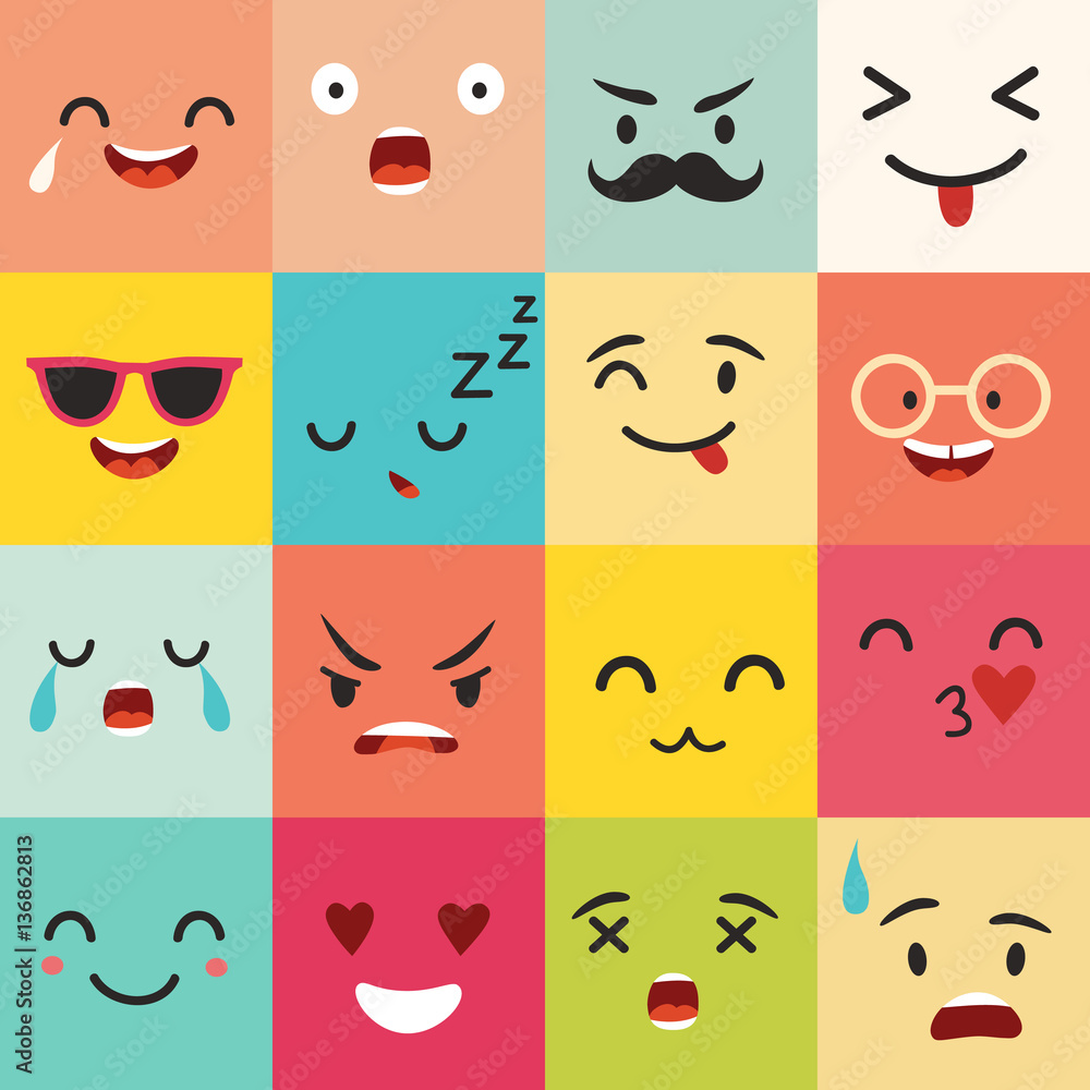 Emoticons vector pattern. Emoji square icons. Cute emoji colorfull ...