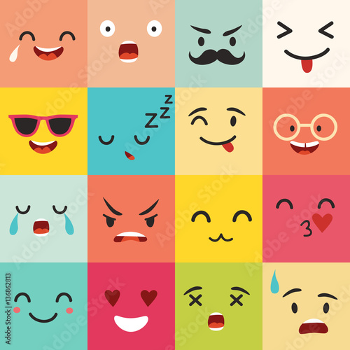 Emoticons vector pattern. Emoji square icons. Cute emoji colorfull illustration. Big set flat cartoon style. Face  funny backgound