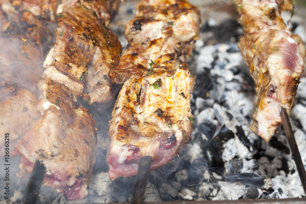 skewers of meat, close-up