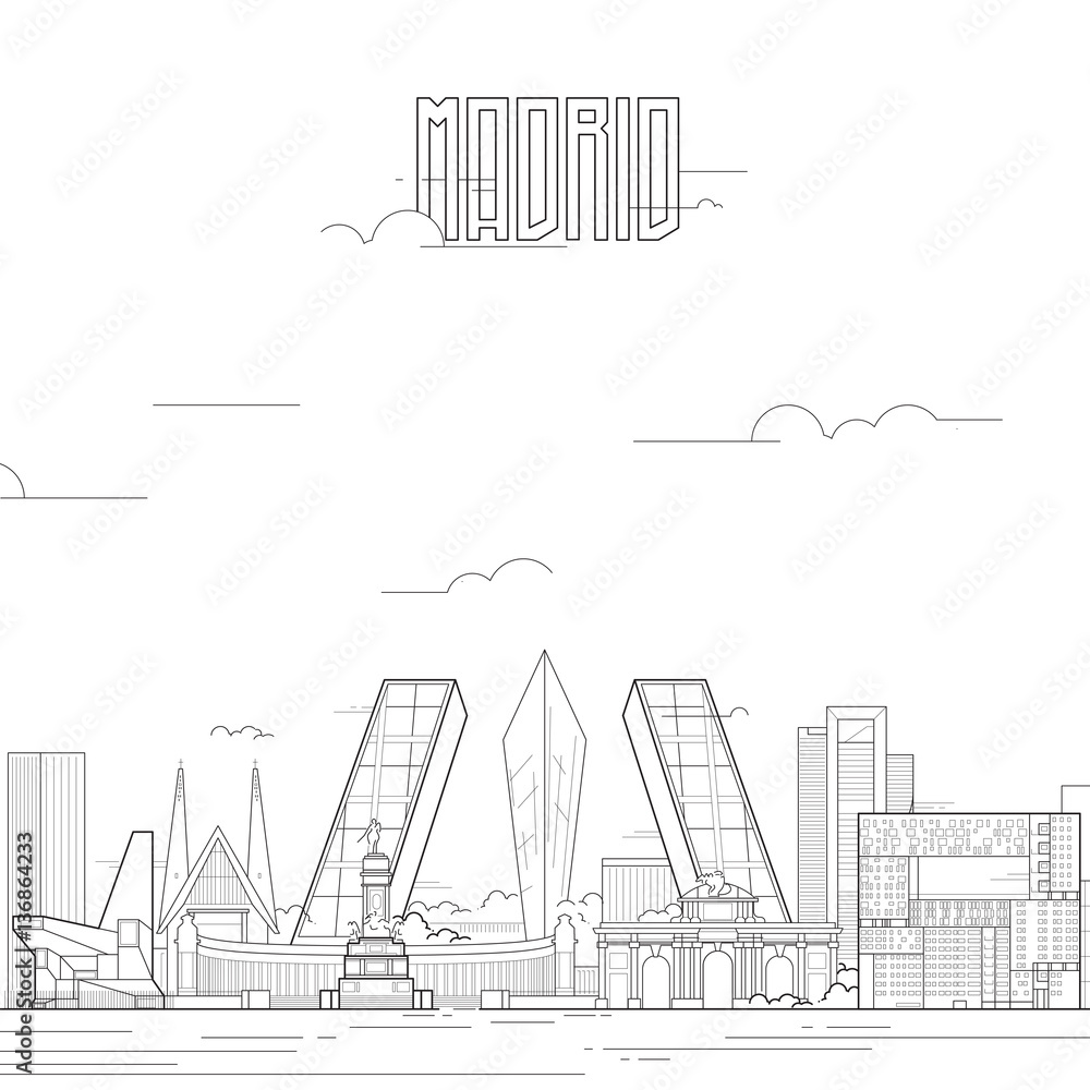 Madrid city with iconic buildings. Line art flat design. Vector illustration.