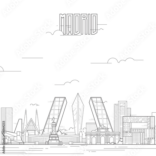 Madrid city with iconic buildings. Line art flat design. Vector illustration.