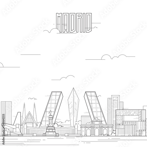 Madrid city with iconic buildings. Line art flat design. Vector illustration.