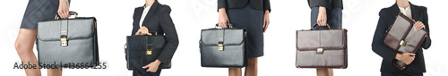 Close up of briefcase and businesswoman
