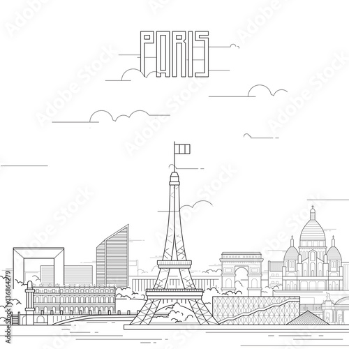 Paris city with iconic buildings. Line art flat design. Vector illustration.