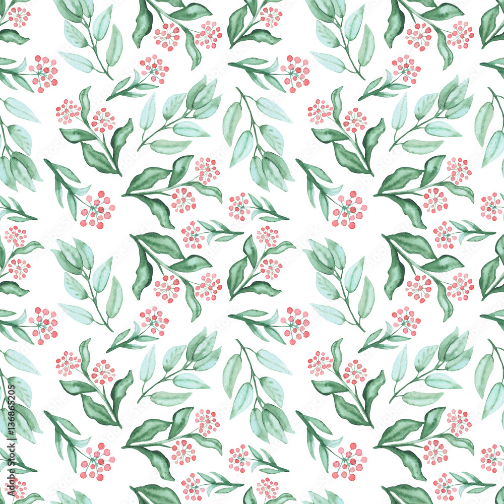 Watercolor Green Leaves And Red Berries Repeat Pattern