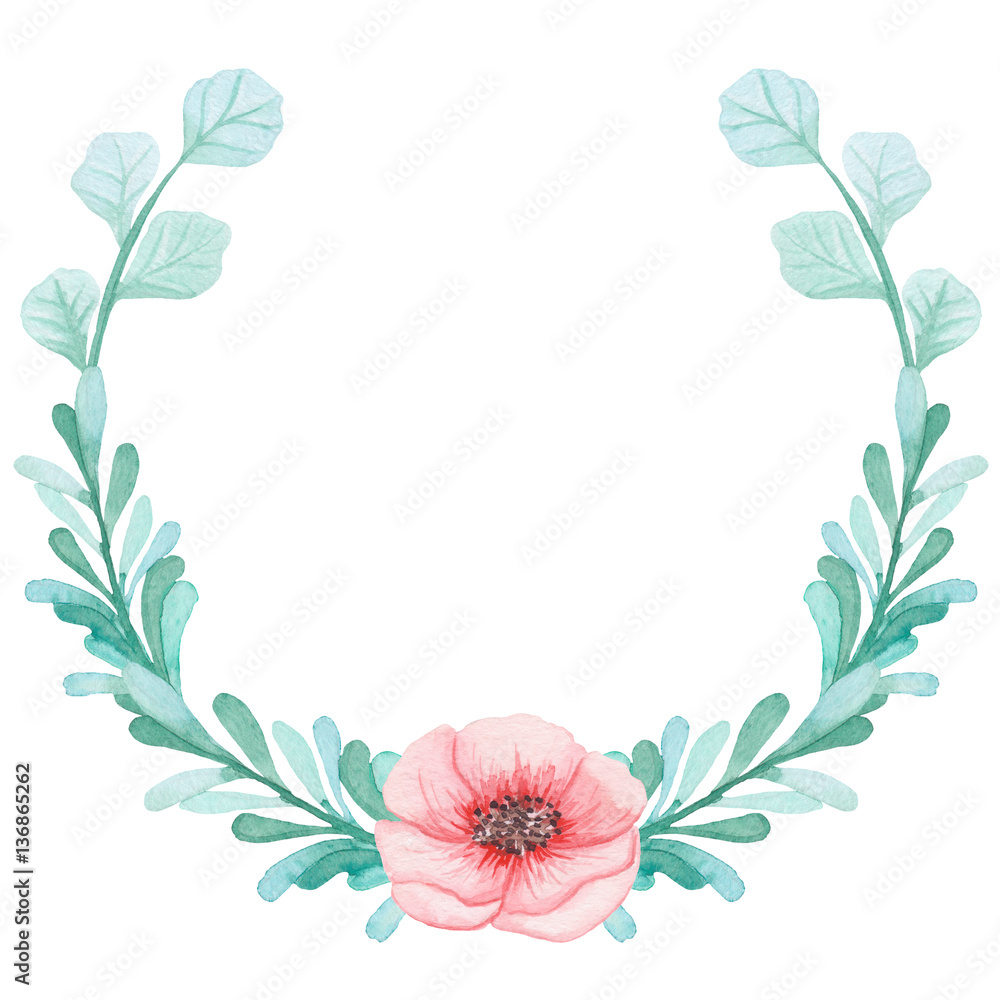 Wreath With Watercolor Pink Flower And Leaves Wreath With Watercolor Pink Flower And Leaves