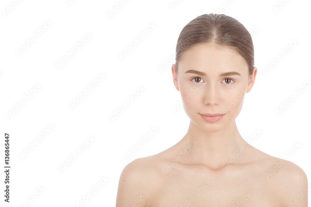 Woman with a natural beauty makeup look - isolated over a white background with copyspace Woman with a natural beauty makeup look - isolated over a white background with copyspace