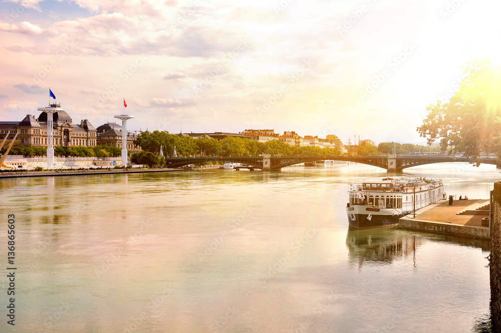 Fototapeta premium General view of the Rhone river at sunset Lyon France