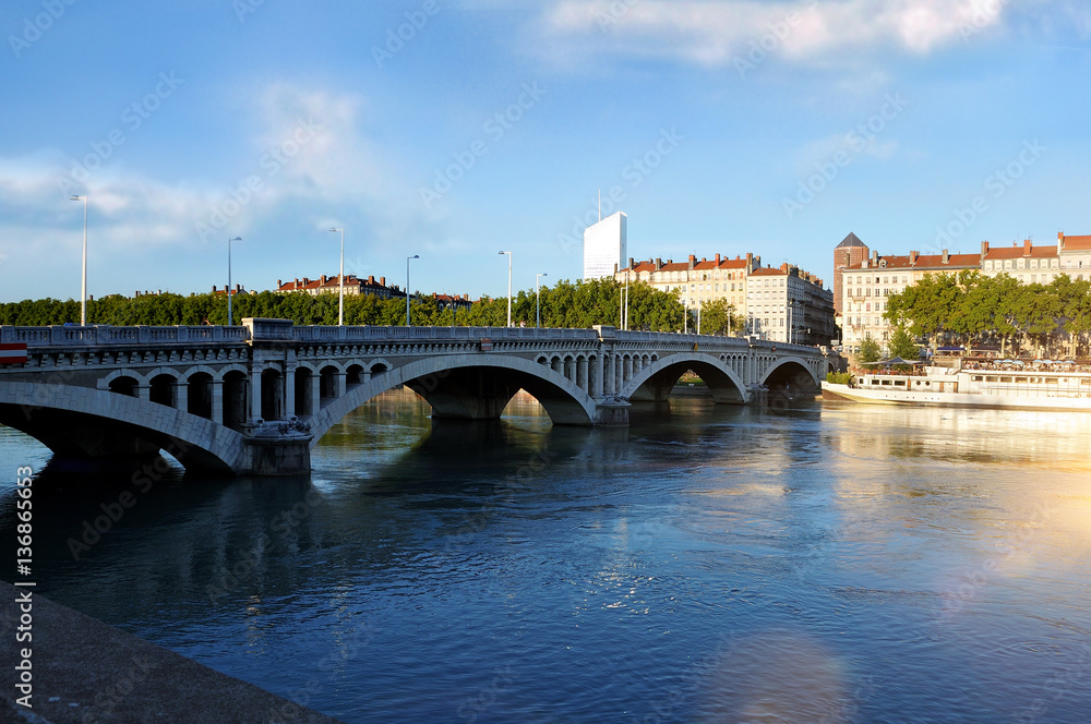 Panoramic view bridge Wilson on river Rhone in Lyon France