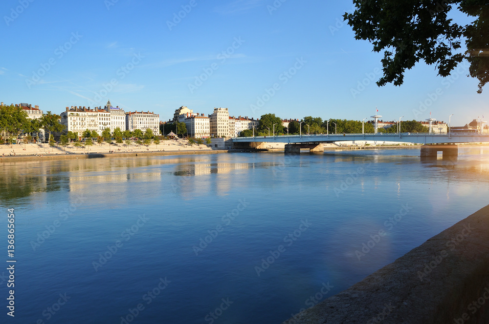 Rhone river in summer on a blue day Lyon France