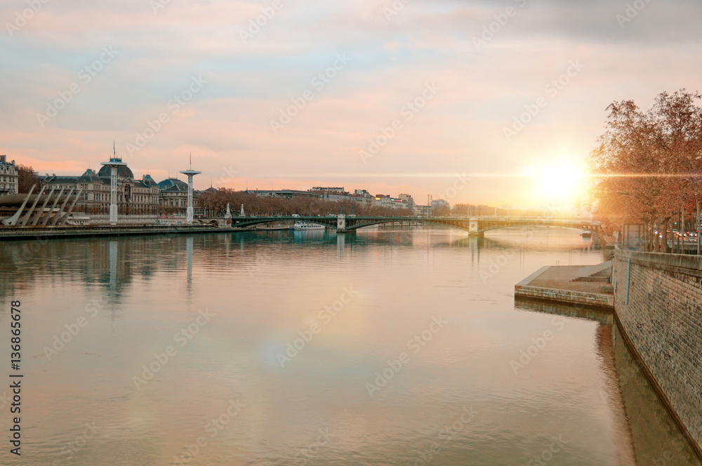 View of the Rhone river at sunset Lyon France