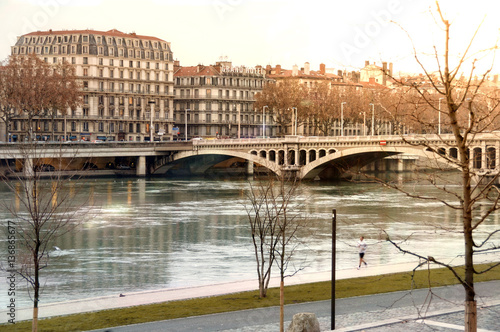 View bridge Wilson in winter on river Rhone Lyon France