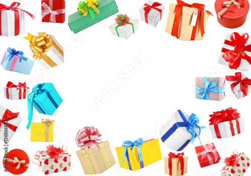 Frame of beautiful gifts on white background