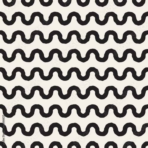 Roughly Drawn Wavy Stripes Stylish Graphic Texture. Vector Seamless Black and White Pattern
