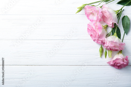 Fresh pink flowers frame on wooden background